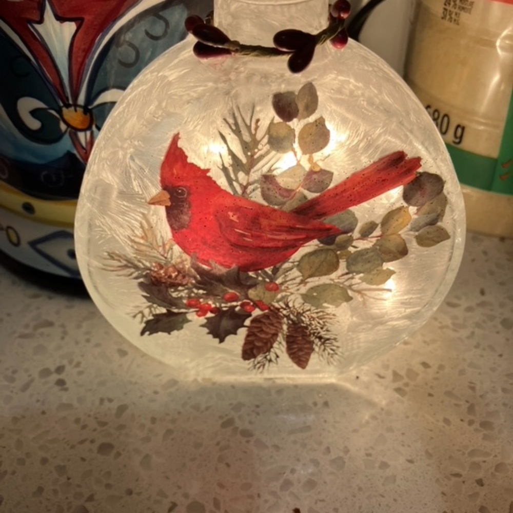 Lighted Glass Cardinal Vase with Red and Green Accents